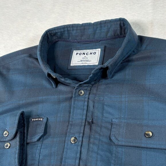 Poncho Flannel Shirt XL Slim Fit Blue Plaid Long Sleeve Button Up Fishing Casual - Picture 1 of 9